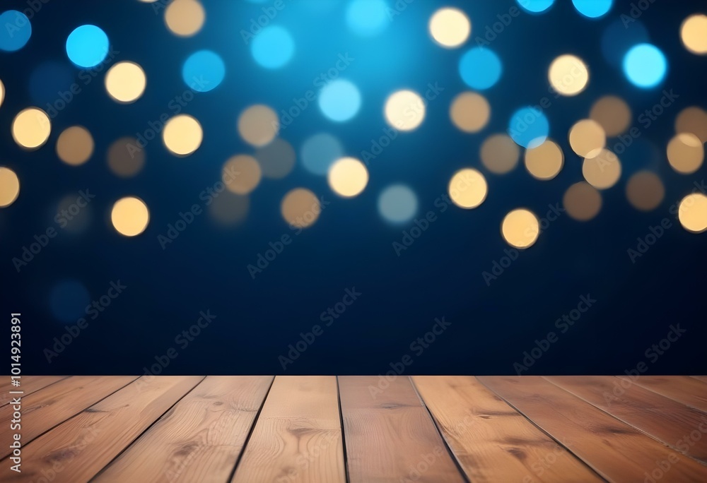 Wooden floor with blurred blue background and bokeh lights. Wooden floor with blurred blue background and bokeh lights.