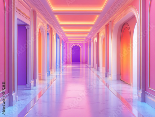 A vibrant corridor featuring colorful arches and reflective flooring, ideal for creative and artistic backgrounds.