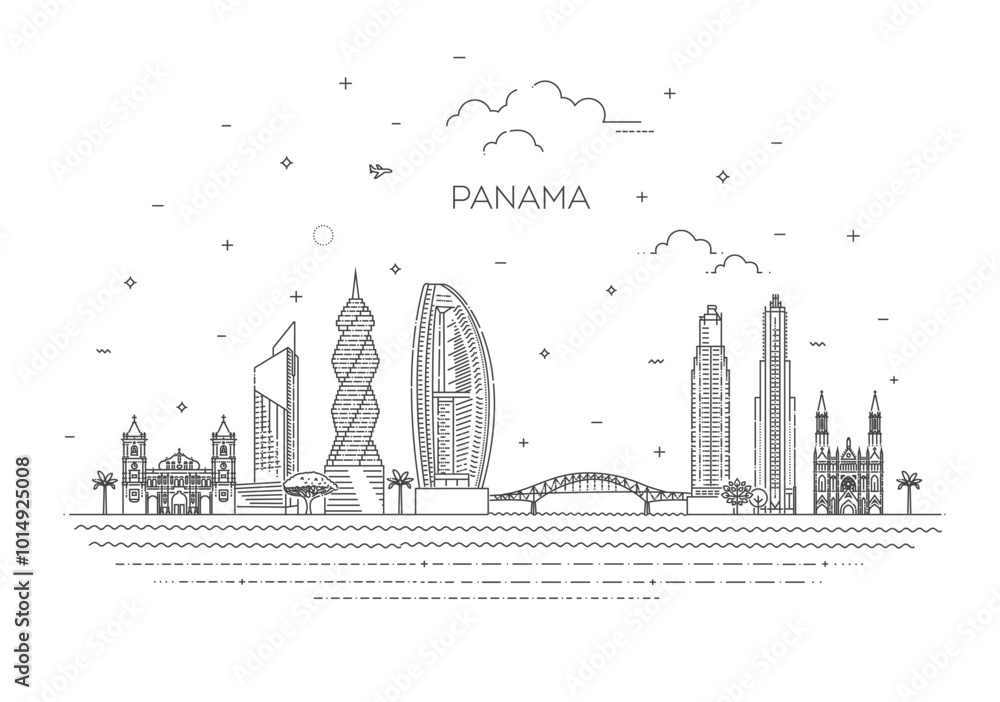 Outline Skyline panorama of Panama city, Panama - vector illustration Outline Skyline panorama of Panama city, Panama - vector illustration