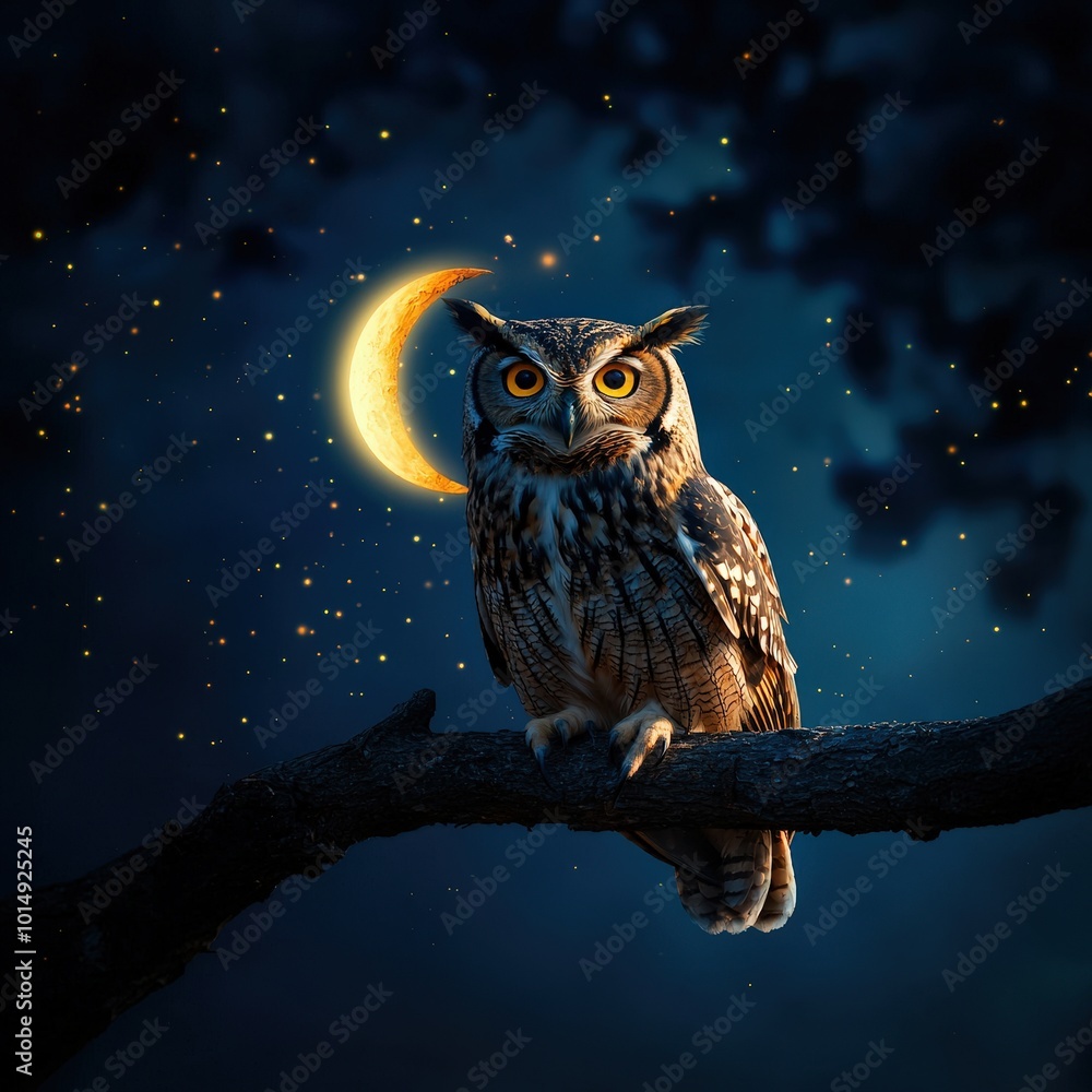 A stunning owl perched on a branch under a glowing moon, surrounded by a starry sky. This enchanting scene captures the beauty and magic of the night. A stunning owl perched on a branch under a glowing moon, surrounded by a starry sky. This enchanting scene captures the beauty and magic of the night.