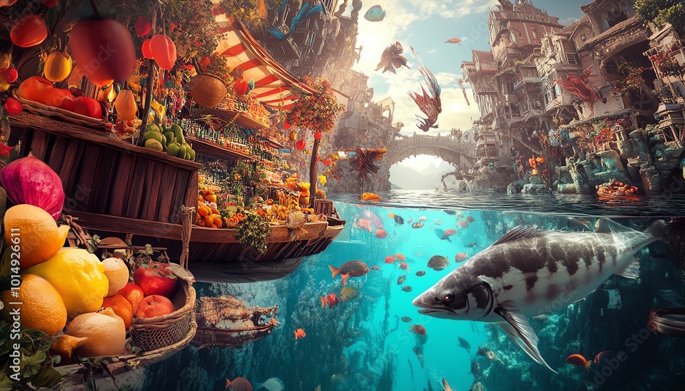 Fantasy marketplace with underwater city Fantasy marketplace with underwater city