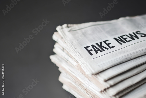 Stack of newspapers with Fake News headline. Concept of media bias, misinformation and modern journalism challenges. Manipulation of citizenship consciousness with help of mass media photo