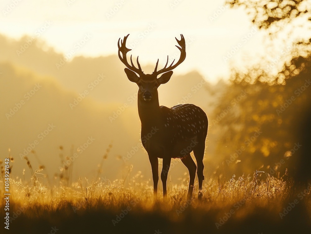 Naklejka premium Deer in field with trees