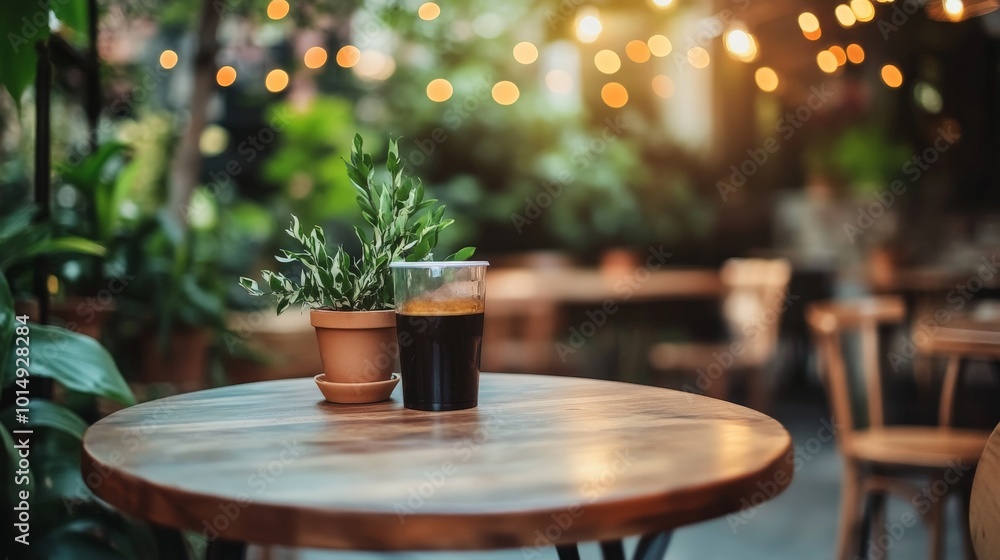 Cozy Outdoor Cafe Setting with Lush Greenery and Warm Lighting Cozy Outdoor Cafe Setting with Lush Greenery and Warm Lighting