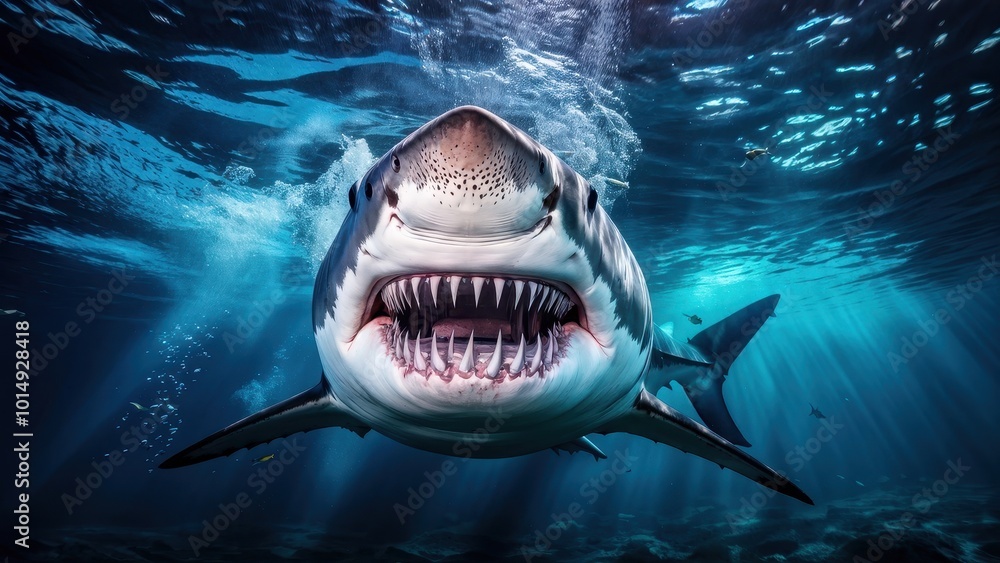 Obraz premium A close-up view of a shark swimming underwater, showcasing its teeth and powerful presence.