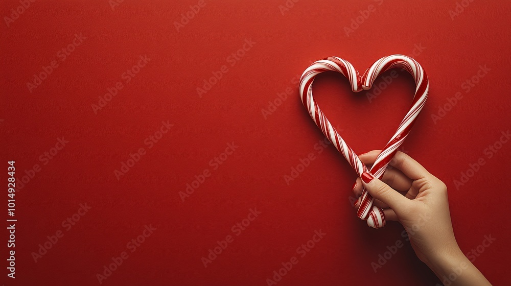 Isolated on Red color background with side space for letters hand holding a pair of candy canes shaped into a heart symbolizing love and joy during the festive season Stock Photo with copy space Isolated on Red color background with side space for letters hand holding a pair of candy canes shaped into a heart symbolizing love and joy during the festive season Stock Photo with copy space