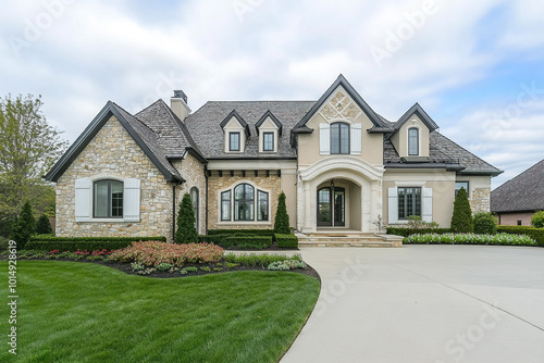 An advertisement for an elegant home in Indiana, near a real estate photo of a large two-story house with a stone exterior and shingle roof, light tan stucco with black trim on the gable corners. photo