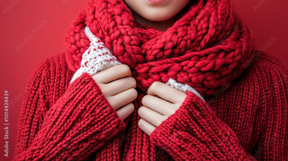 Isolated on Red color background with side space for letters hand holding a festive holiday scarf in bright red and white perfect for wintertime celebrations Stock Photo with copy space Isolated on Red color background with side space for letters hand holding a festive holiday scarf in bright red and white perfect for wintertime celebrations Stock Photo with copy space