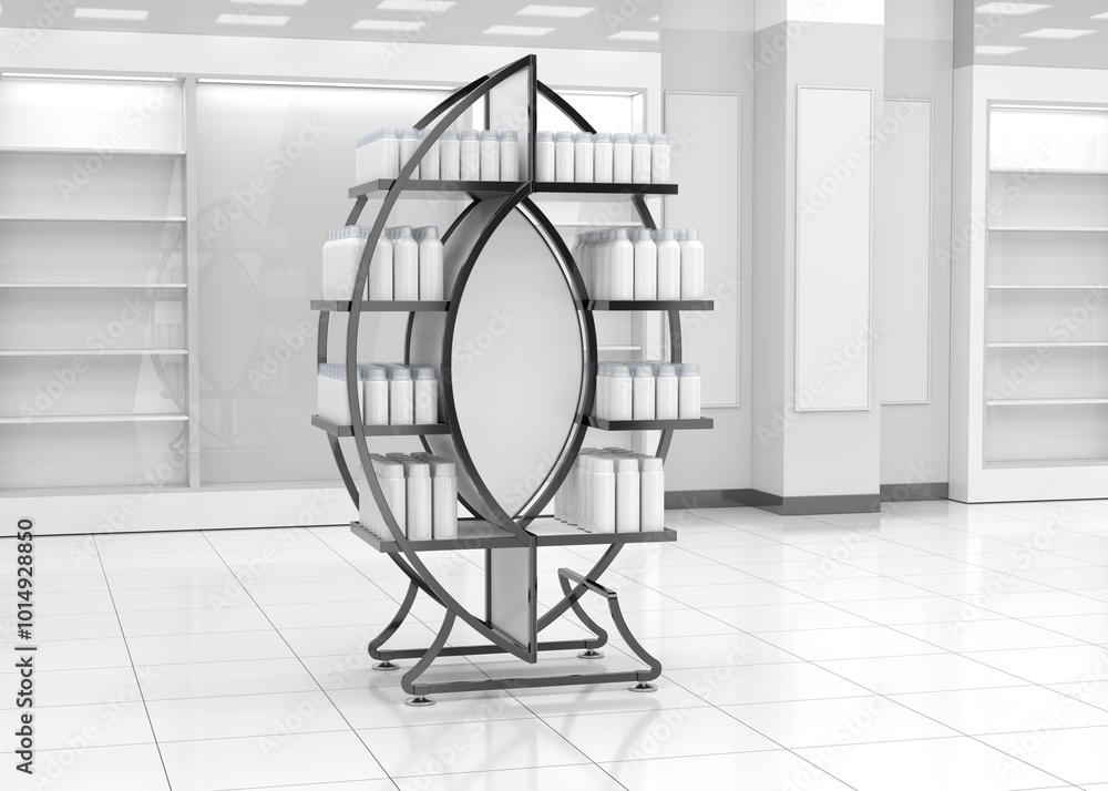 Mockup of a rounded metal retail display rack in an empty store interior. 3d illustration Mockup of a rounded metal retail display rack in an empty store interior. 3d illustration
