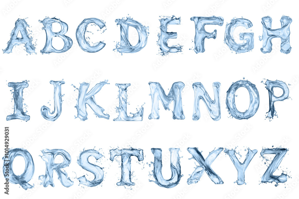 English alphabet from A to Z forming with water splashing. Creative water splash alphabet with uppercase letters formed from realistic liquid water isolated on white background