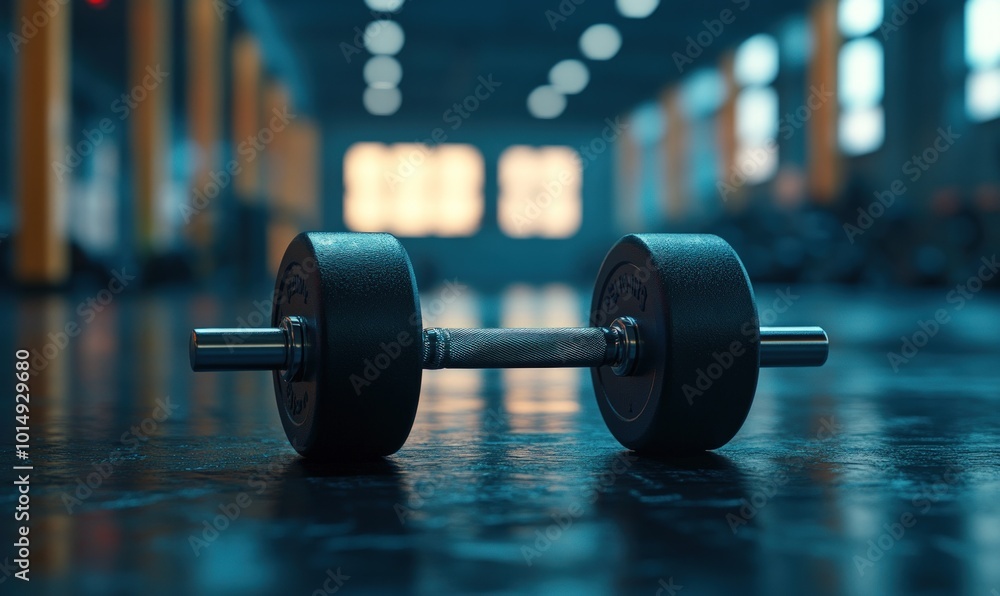A black dumbbell lies on a blue gym floor with a blurred background of a gym. A black dumbbell lies on a blue gym floor with a blurred background of a gym.