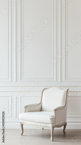 A white chair in a room, set against a wainscoting wall. Chair, classic interior, wainscot, wainscoting wall, modern living room