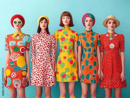 60s psychedelic patterns in mini dresses and bold headscarves, [vintage fashion], [vibrant retro trend].