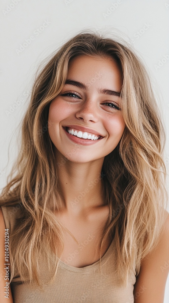 Radiant smile illuminates a portrait of youthful beauty, with flowing blonde waves framing a face full of warmth and joy against a neutral background. Radiant smile illuminates a portrait of youthful beauty, with flowing blonde waves framing a face full of warmth and joy against a neutral background.