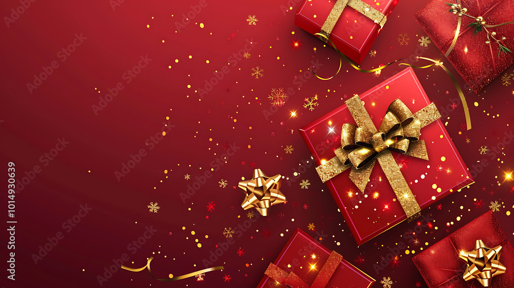 Christmas background with red gift boxes and golden confetti. Vector illustration. Christmas background with red gift boxes and golden confetti. Vector illustration.