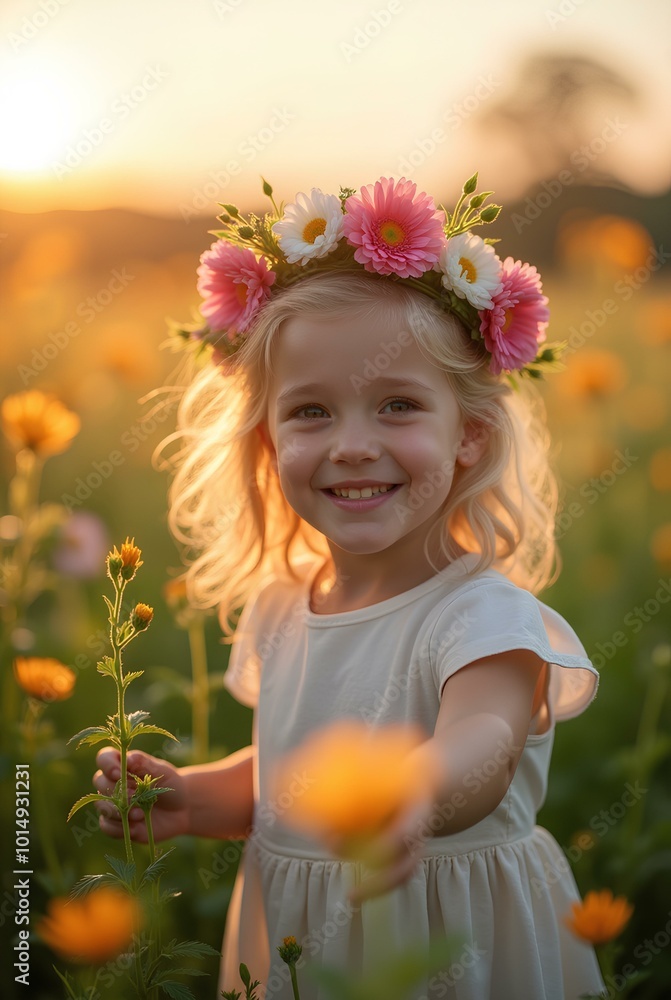 Happy girl in a wreath of flowers, surrounded by wildflowers against a sunset background in the sunlight. Happy girl in a wreath of flowers, surrounded by wildflowers against a sunset background in the sunlight.