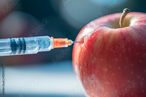 A syringe injecting into a red apple, symbolizing genetically modified organisms (GMO), food science, and the debate around food safety and biotechnology.