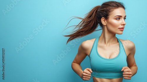 Isolated on color background with side space for letters woman in a teal sport bra and leggings performing a twisting motion showing muscle definition and skin health Stock Photo with copy space photo