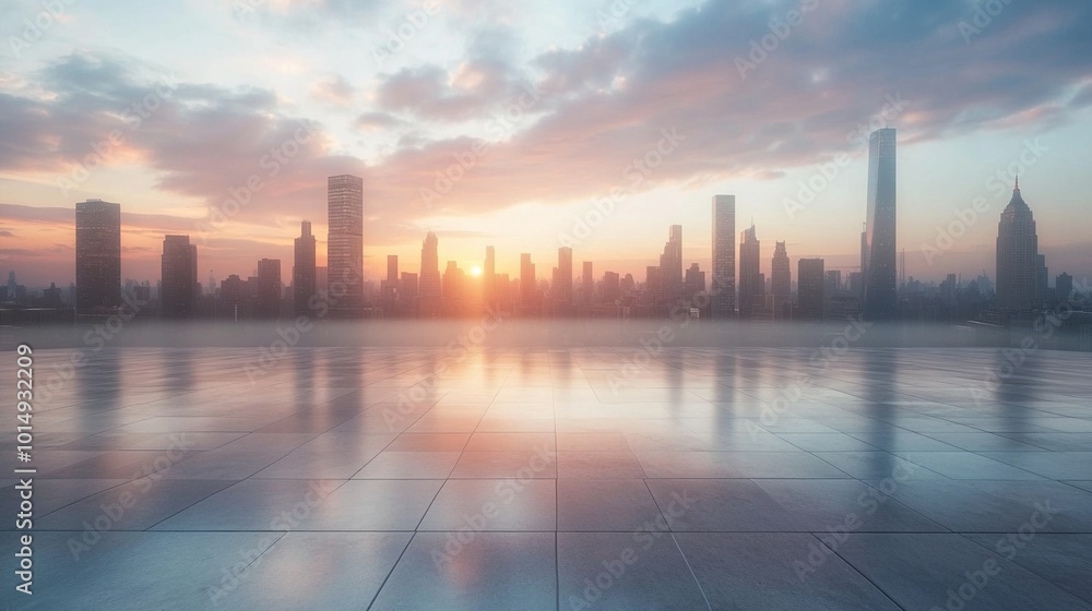 Ethereal cityscape at dawn: skyscrapers silhouetted against a pastel sky, their reflections shimmering on a glossy foreground surface, creating a dreamlike urban panorama. Ethereal cityscape at dawn: skyscrapers silhouetted against a pastel sky, their reflections shimmering on a glossy foreground surface, creating a dreamlike urban panorama.