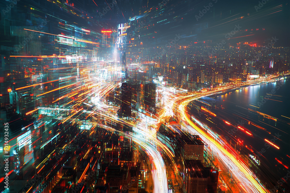 Abstract futuristic cityscape at night with colorful light trails. A dynamic and high-tech urban scene, showcasing rapid movement and the energy of a modern metropolis in a digital era Abstract futuristic cityscape at night with colorful light trails. A dynamic and high-tech urban scene, showcasing rapid movement and the energy of a modern metropolis in a digital era