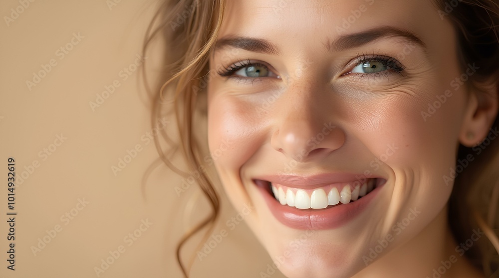 Close-up of model with perfect skin and white teeth on beige background with space for text. For advertising of dental and skin care products Close-up of model with perfect skin and white teeth on beige background with space for text. For advertising of dental and skin care products