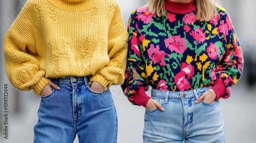 Classic 80s acid wash jeans paired with bold graphic sweaters, [vintage fashion], [denim street style comeback].  ,closes up photo