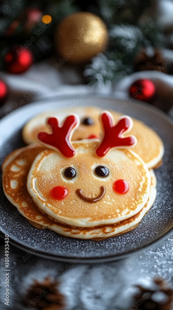 Festive reindeer pancake with chocolate chip eyes and candy antlers, served on a dark plate amid Christmas decorations, creating a whimsical holiday breakfast. Festive reindeer pancake with chocolate chip eyes and candy antlers, served on a dark plate amid Christmas decorations, creating a whimsical holiday breakfast.