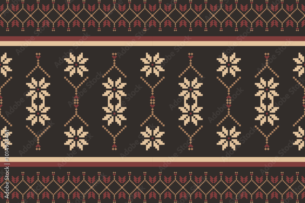 Obraz premium Geometric and cross stitch traditional ethnic pattern.floral pixel art embroidery. Elegance background abstract Aztec seamless pattern for fabric,cloth,dress,carpet,curtain,sarong,batik,wallpaper.