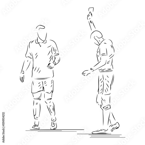 A referee who is giving a card to a football player who commits a foul line art illustration
