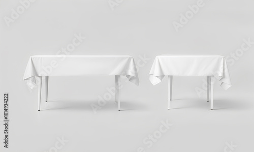 Bank white table cloth mock up set, clipping path, 3d rendering. Clear tablecloth design mockup isolated. Fabric space satin on desk template. Kitchen table clean textile overlay. Setting cafe table. photo