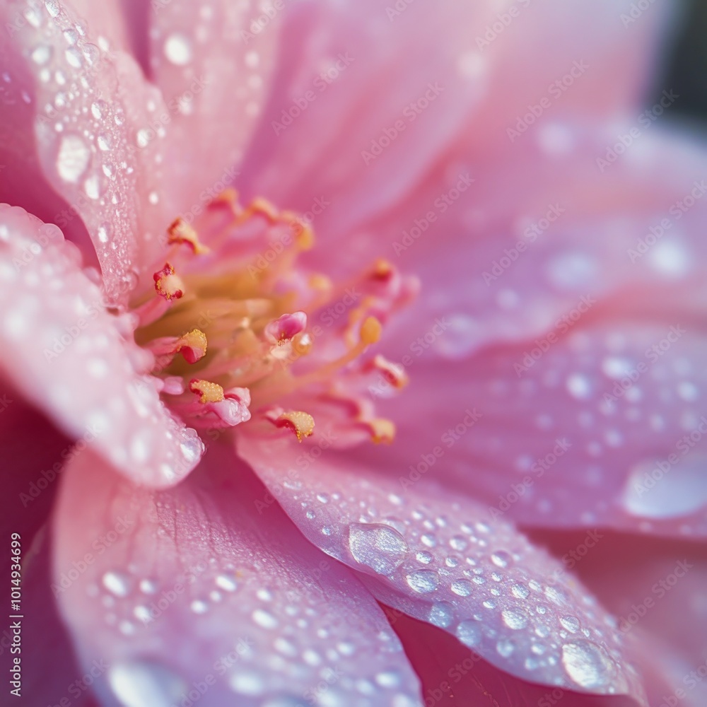 Pink flower with stamens, dew on petals, macro photography Pink flower with stamens, dew on petals, macro photography