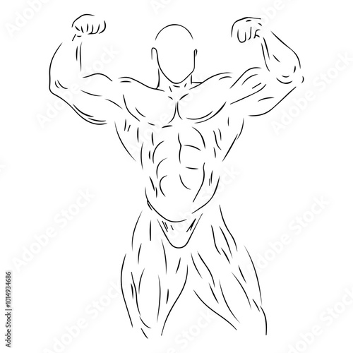 Line Art illustration of a bodybuilder who shows off his body muscles