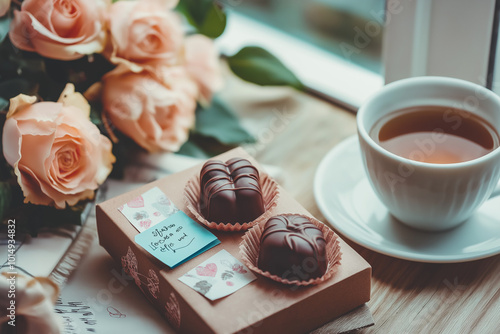 A handmade Valentine’s gift featuring a scrapbook card with photos and love notes, alongside artisanal chocolates, fresh flowers, and a cup of tea on a wooden table, creating a warm photo