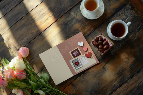 A handmade Valentine’s gift featuring a scrapbook card with photos and love notes, alongside artisanal chocolates, fresh flowers, and a cup of tea on a wooden table, creating a warm photo