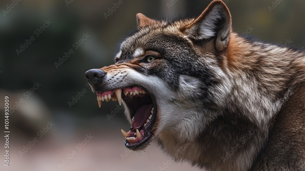 Fierce Snarling Wolf Baring Teeth in Wilderness Outdoor Scene Fierce Snarling Wolf Baring Teeth in Wilderness Outdoor Scene