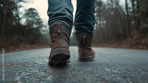 Solitary Hike on a Muddy Path Through Gloomy Forest Landscape