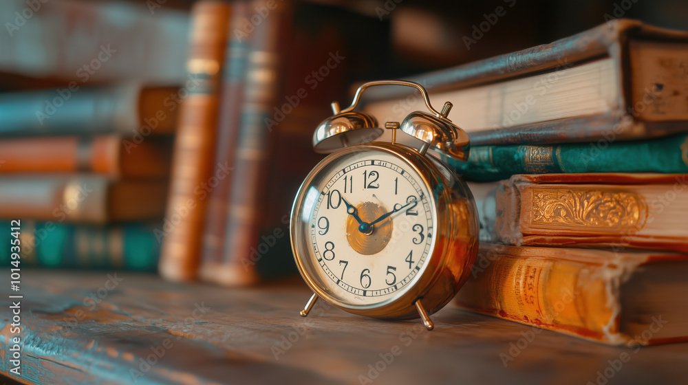 An analog alarm clock surrounded by a stack of vintage books on a wooden shelf. An analog alarm clock surrounded by a stack of vintage books on a wooden shelf.
