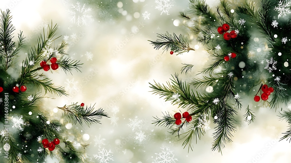 Watercolor Christmas Background with Pine Branches Red Berries and Snowflakes Watercolor Christmas Background with Pine Branches Red Berries and Snowflakes