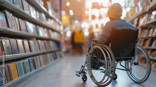 Individual in a Wheelchair Enthusiastically Browsing Vinyl Records in a Retro Record Store Illustrating the Importance of Inclusion photo