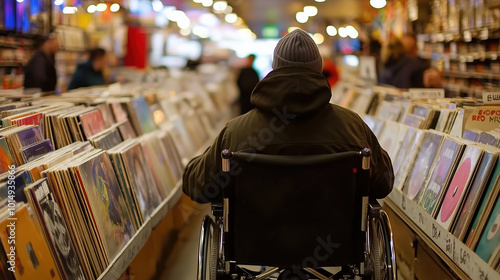 Inclusive Scene of a Wheelchair User Choosing Vinyl Records in a Cozy Retro Record Store Promoting Diversity and Accessibility photo