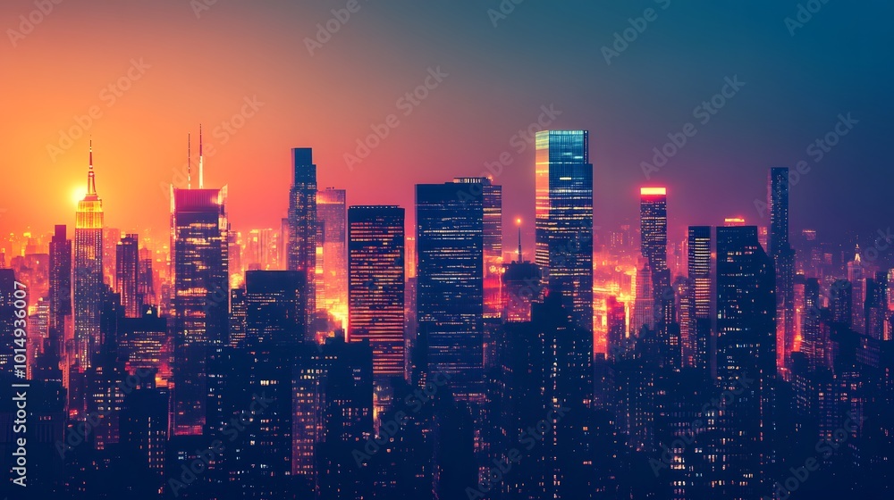 Fototapeta premium City Skyline at Dusk with Illuminated Lights