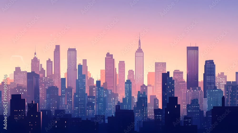 Fototapeta premium Animated City Skyline at Dusk with Lights