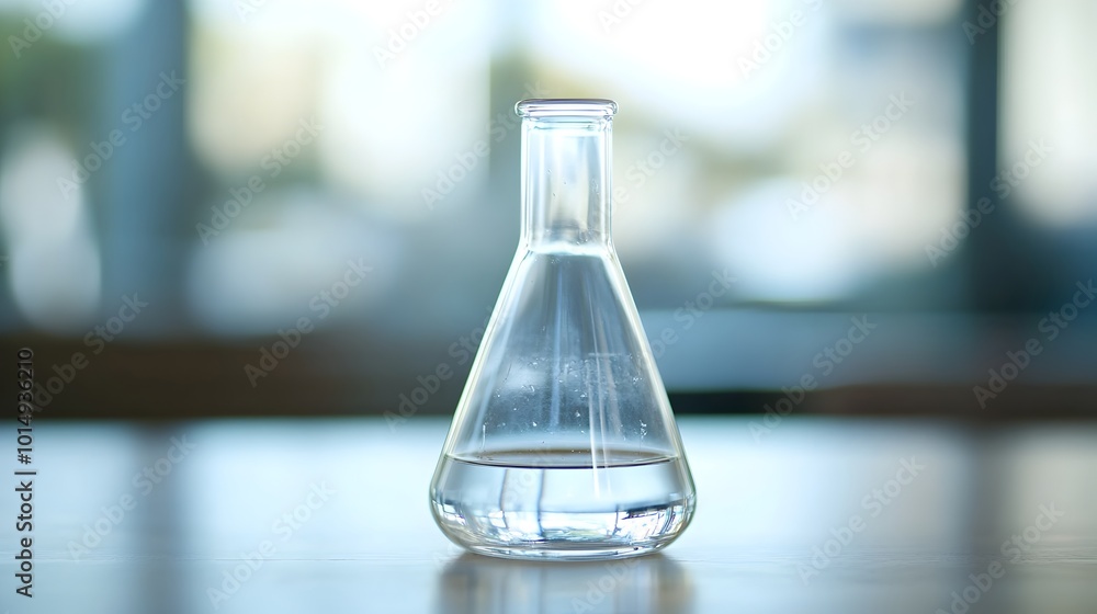 Glass Beaker or Flask on Wooden Table in Laboratory Setting Glass Beaker or Flask on Wooden Table in Laboratory Setting
