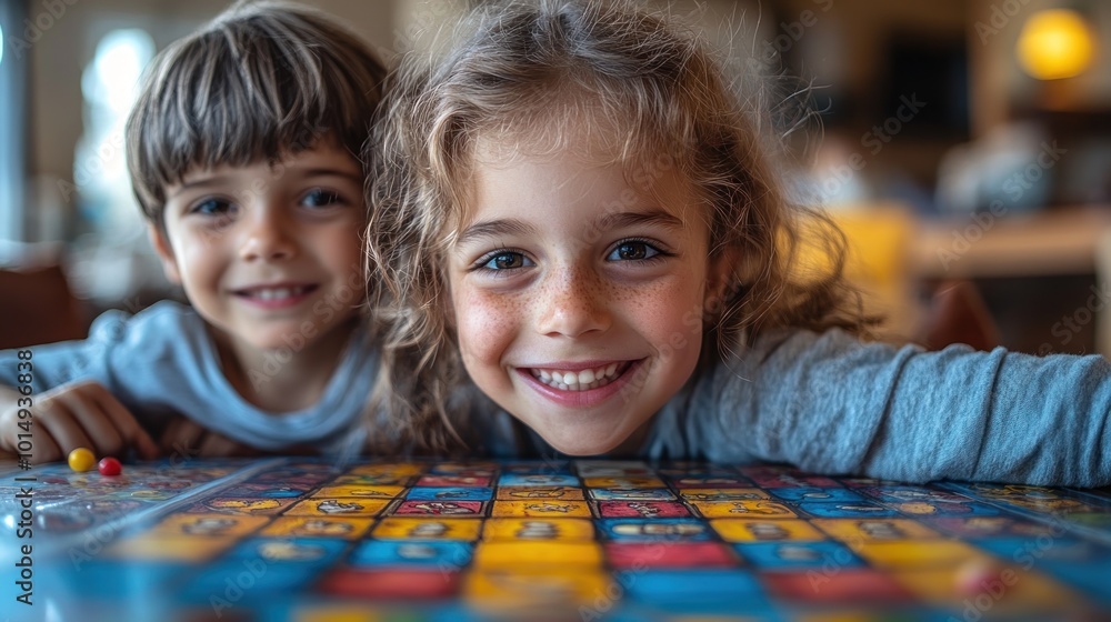 Two children smiling while playing a board game together. Two children smiling while playing a board game together.