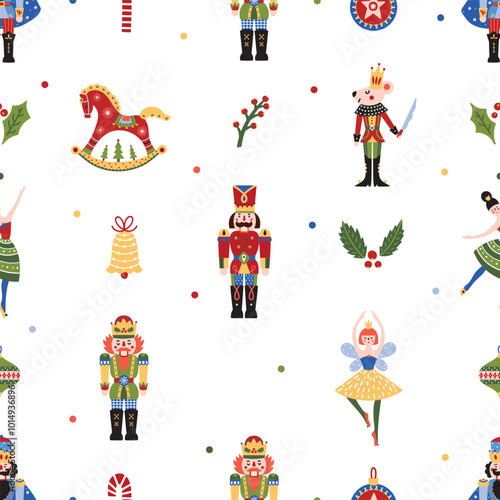Cute Christmas vector seamless Nutcracker pattern. Can be used for wallpaper, pattern fills, web page background, surface textures.