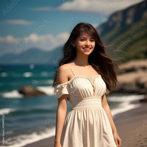 Mujer joven sonriendo con un vestido blanco en una playa con el pelo al viento