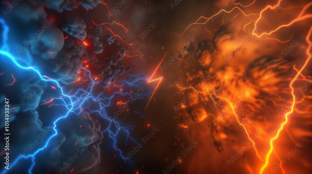 Blue and orange lightning bolts with central flare. Electrifying texture collision for powerful conflict representation. Blue and orange lightning bolts with central flare. Electrifying texture collision for powerful conflict representation.