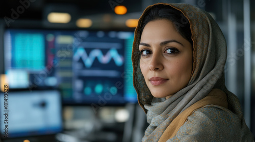 Confident Businesswoman in Modern Office with Technology Background