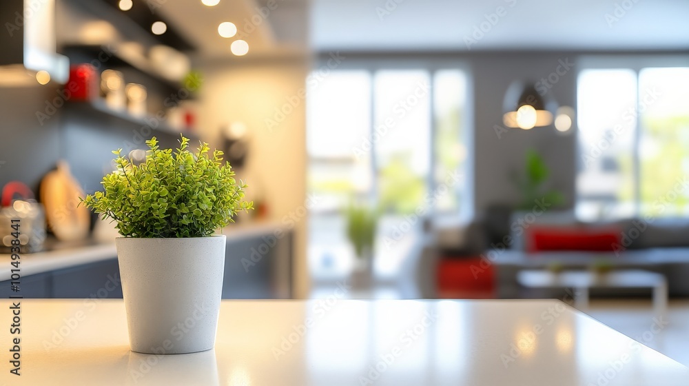 Cozy Home Interior with Potted Plant on Wooden Table Cozy Home Interior with Potted Plant on Wooden Table