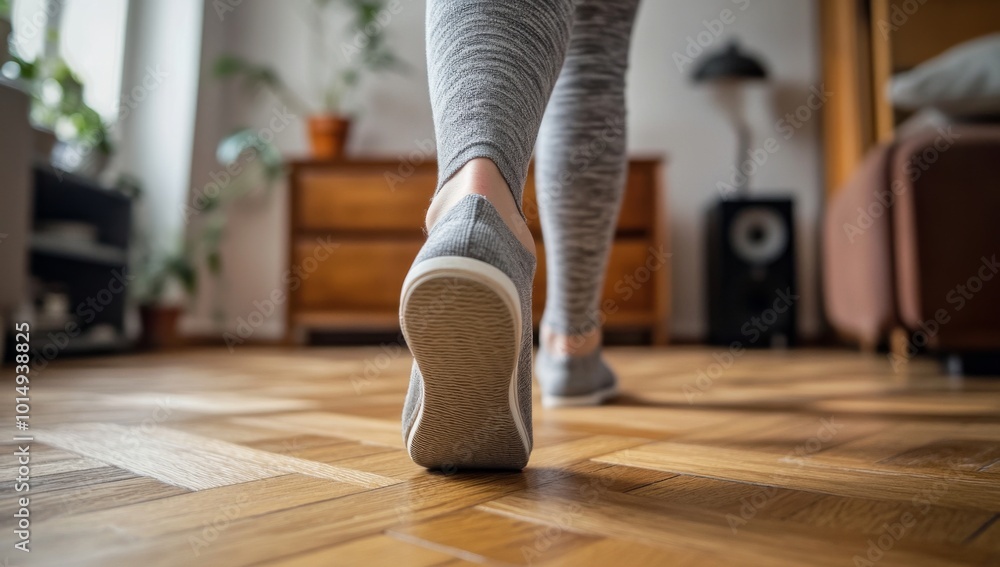 Fototapeta premium Close-up shot of a woman's foot in a sneaker walking on a wooden floor.